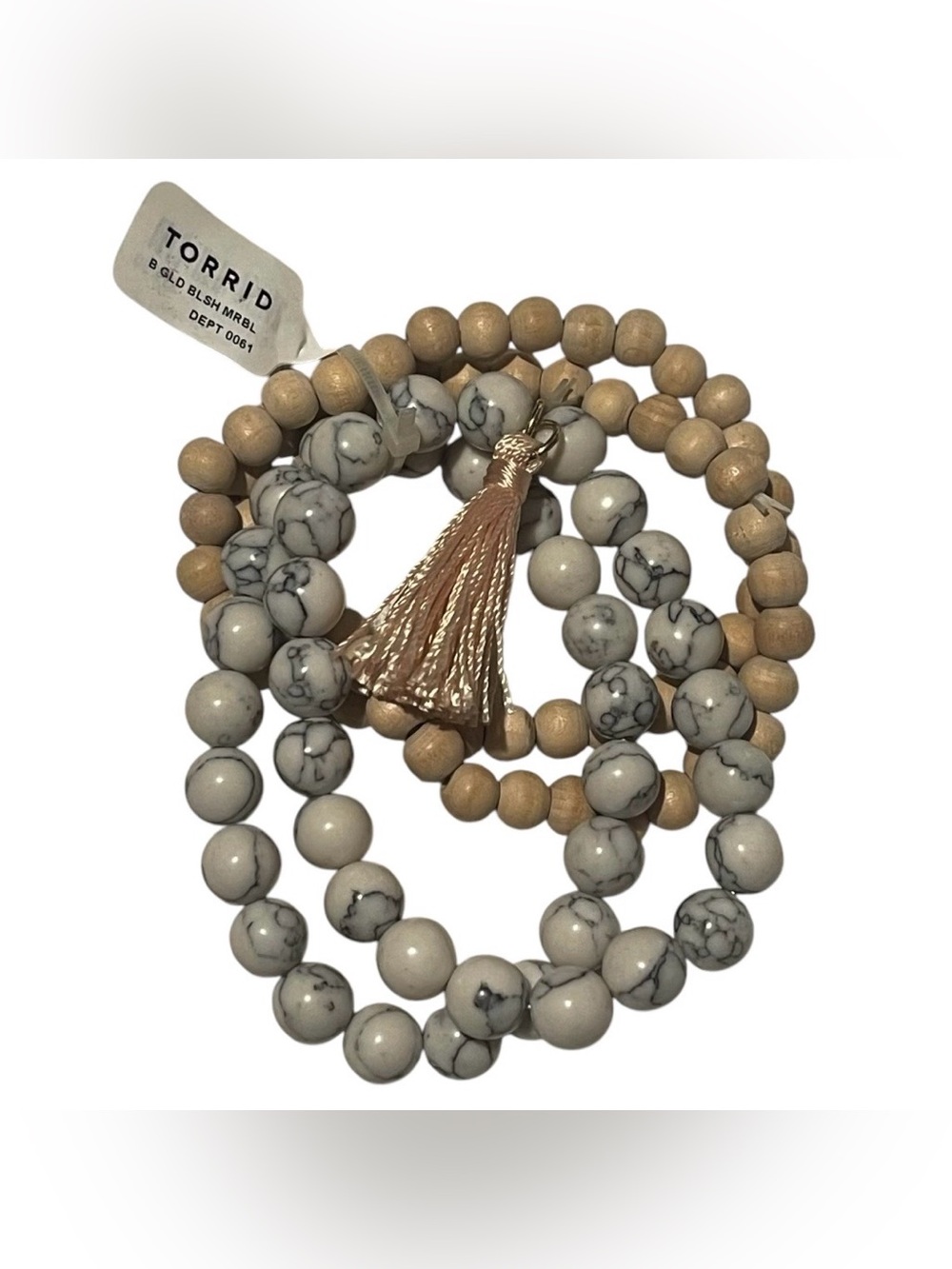 Torrid Stack Stretch Beaded Bracelet Tasseled Set Wood Faux Marble Boho Western